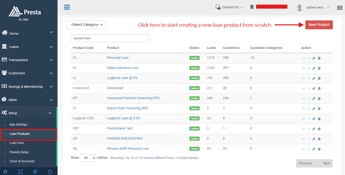 Figure 2.3 The Loan Products configuration screen under the Setup menu.